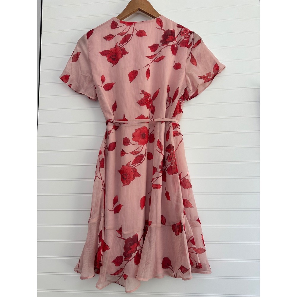 All in Favor Floral Wrap Dress Pink Red Ruffle‎ Hem Small Feminine Cottagecore - Picture 2 of 7